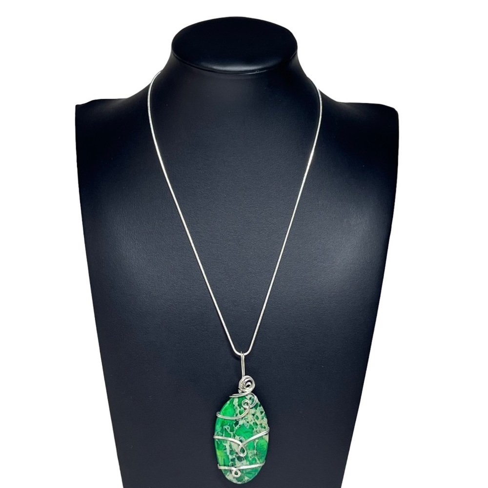 925 Sterling Silver Green Sea Jasper Pendant Necklace 18"